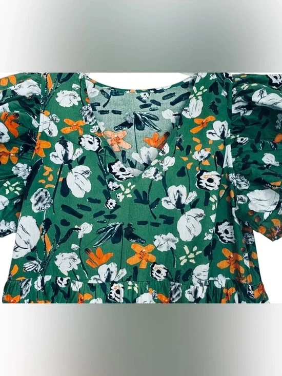 Green Floral Ruffle Sleeve Tiered Dress Size M Cotton Lined Boutique - Picture 4 of 8